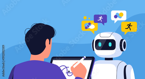 Human collaborating with a friendly robot artist drawing on a digital tablet with creative ideas flowing in speech bubbles futuristic technology