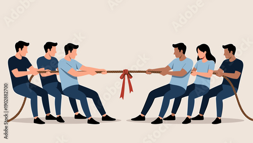 Two teams of diverse people men and women engaged in a fierce tug of war competition pulling a thick rope with intense effort against a plain neutral
