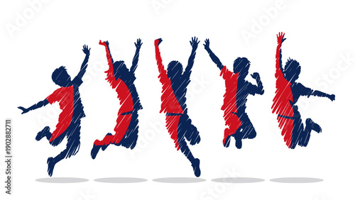 Energetic group of diverse children silhouettes joyfully jumping and celebrating with arms raised high against a clean white background symbolizing