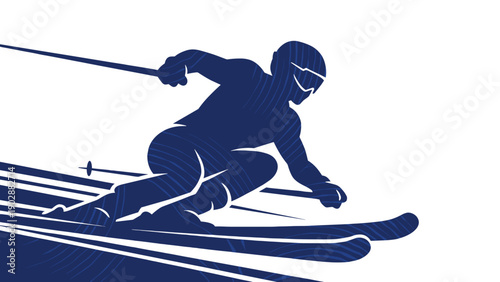 Dynamic silhouette of a skier in motion capturing the thrill and speed of winter sports on a crisp white background with abstract snow trails