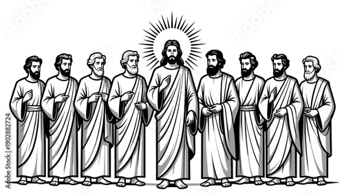 Group of nine men in ancient robes standing together with a central figure radiating light symbolizing faith spirituality and divine guidance