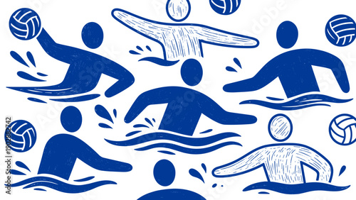 Dynamic illustration of a water polo team in action showcasing athletes swimming and throwing balls in a pool captured with a vibrant blue and white