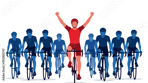 Triumphant cyclist in red jersey celebrates victory with arms raised high leading a peloton of cyclists in blue jerseys on a white background