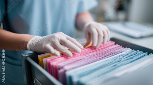 Healthcare Worker Organizing Patient Files with Careful Attention to Detail
