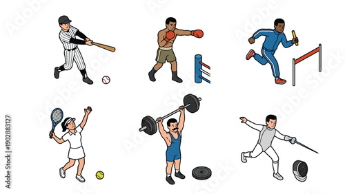 Isometric Sports Illustrations. Athletes engaged in baseball, boxing, running, tennis, weightlifting, and fencing activities.