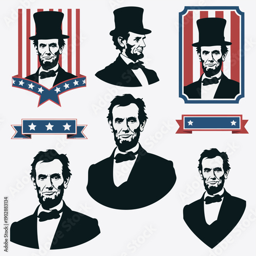Collection of stylized abraham lincoln portraits with patriotic american flag elements showcasing historical figures and national symbols for independence day and presidential themes
