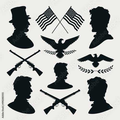 Collection of silhouette icons representing american civil war era symbols including abraham lincoln profiles crossed rifles american flags and eagles with laurel wreaths on a white