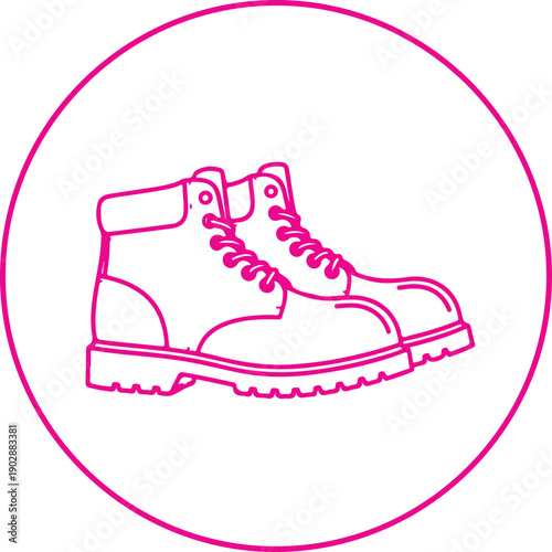 A pair of sturdy boots illustrated in a simple, minimalist style within a circular frame. isolated on white background, illustration