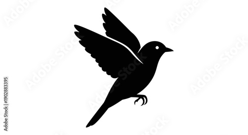 Silhouette of a bird in flight against a white background