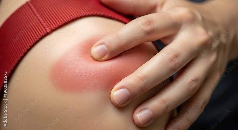 Fototapeta premium Person pressing finger on red inflamed skin area