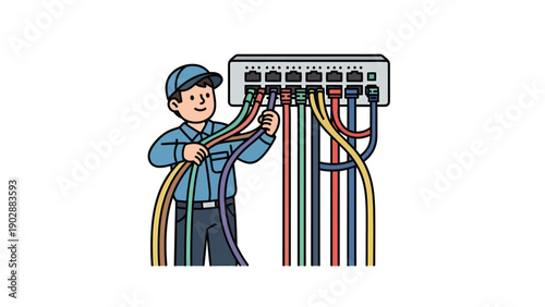 IT technician connecting colorful network cables to a network switch. Network setup, data communication, and internet infrastructure.