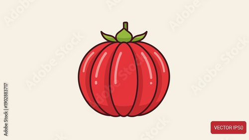 Vibrant cartoon red tomato with green stem leaves illustration vector art isolated on light