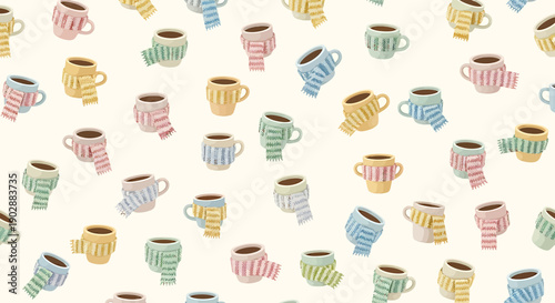 Cozy Coffee Cups with Knitted Scarves Pattern - Warm Beverage Background