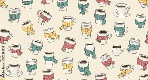 Cozy Coffee Cups with Knitted Scarves Seamless Pattern Background