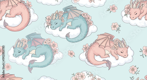 Cute Baby Dragons Sleeping on Clouds with Flowers, Fantasy Seamless Pattern