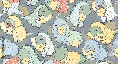 Cute Sleeping Dinosaurs in Pajamas Hugging Stars - Adorable Sleepy Baby Pattern