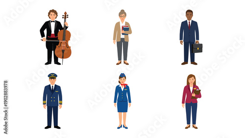 Diverse Professional Occupations Vector Set: Musician, Teacher, Businessperson, Pilot, Flight Attendant, Florist
