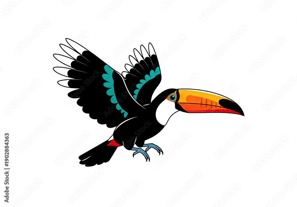 Fototapeta premium Toucan bird with vibrant beak in flight against a dark background, showcasing tropical wildlife