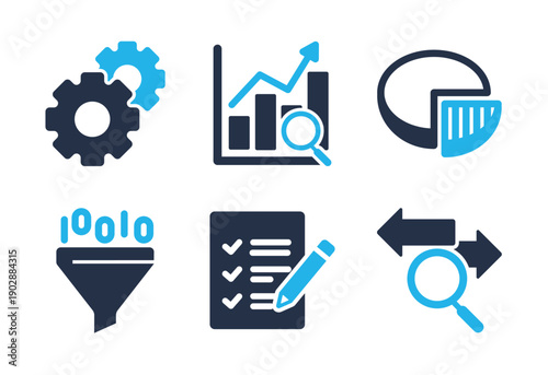 Data Analysis and Process Optimization icon set. Solid glyph series icons