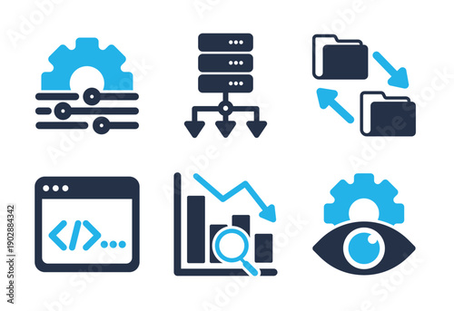 Server Infrastructure and Code Monitoring icon set. Solid glyph series icons