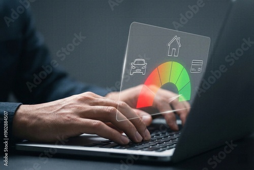 Person analyzing credit score on laptop with holographic gauge showing good financial rating and asset icons for loan approval concept