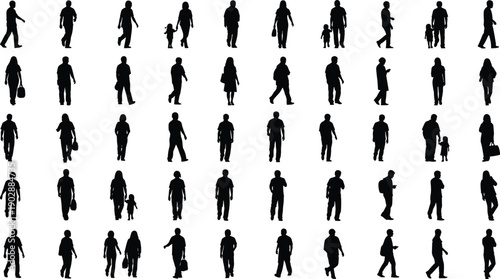 Large collection of walking people silhouettes in different poses, including adults and children, urban lifestyle and daily routine concept for crowd, 