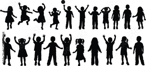 Large set of happy children silhouettes jumping, playing and raising hands, playful kids activity and childhood fun concept for education, sport and entertainment design isolated on white background