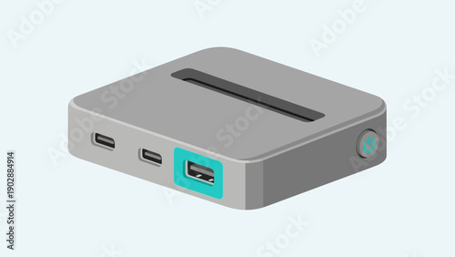 Sleek grey portable electronic hub with multiple USB-C and USB-A ports for modern connectivity