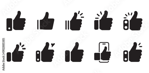 Black thumbs up icons vector collection for social media engagement and user feedback interface