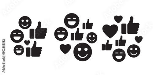 Positive reaction icons with thumbs up hearts and happy faces