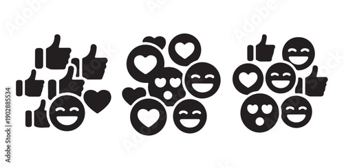 Collection of positive reaction icons happy faces thumbs up hearts
