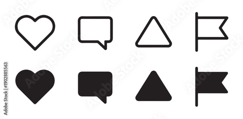 Minimalist communication icons featuring heart speech bubble triangle and flag vector signs