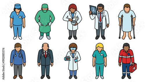 Diverse Healthcare Professionals and Patient Flat Design Characters Set