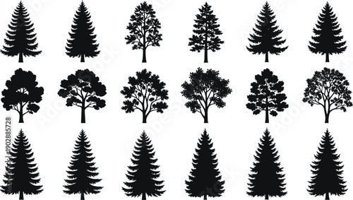 Tree silhouettes collection, evergreen and deciduous trees icons, forest nature elements, botanical shapes, woodland landscape illustration, black tree set
