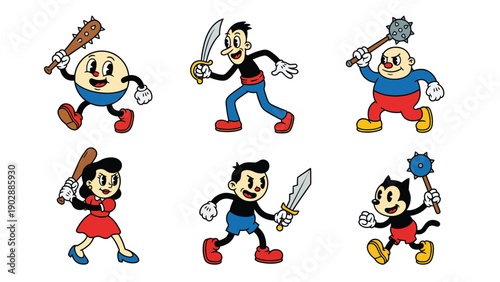 Vintage Cartoon Character Fighters with Weapons Set. Retro Rubber Hose Animation Style Heroes.