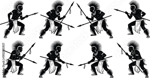 Tribal warrior silhouettes with spears, traditional African fighters, cultural heritage illustration, ethnic battle poses, black white vector set