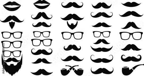 Vintage mustache beard glasses lips icons collection, retro barber elements, hipster style symbols, black silhouette set isolated