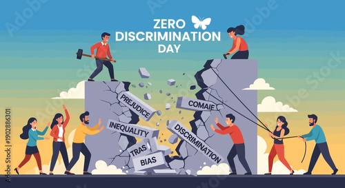 Diverse group of people working together to break down barriers of inequality and injustice on Zero Discrimination Day