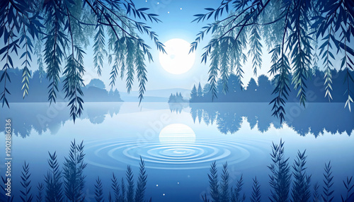 Moonlit Willow Over Silent Pond