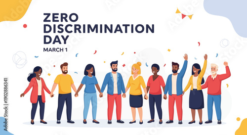 Diverse group of people standing together in unity on Zero Discrimination Day, celebrating equality and inclusivity in a vibrant illustration.