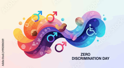 Zero Discrimination Day poster with diverse symbols and colors promoting equality and inclusivity worldwide