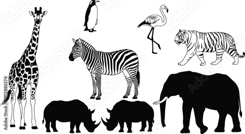 Wild animals illustration collection, giraffe zebra tiger elephant flamingo penguin silhouettes, wildlife nature set, detailed black vector art isolated white background