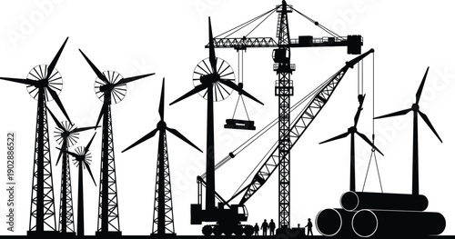 Wind turbine construction silhouettes, renewable energy industry scene with cranes and workers, sustainable power generation, black vector illustration isolated white background