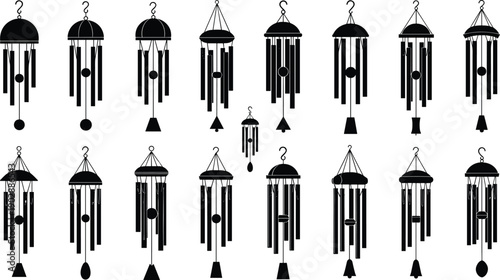 Wind chimes silhouette set, hanging garden decor icons, zen sound instruments, minimalist black vector collection, home outdoor decoration design