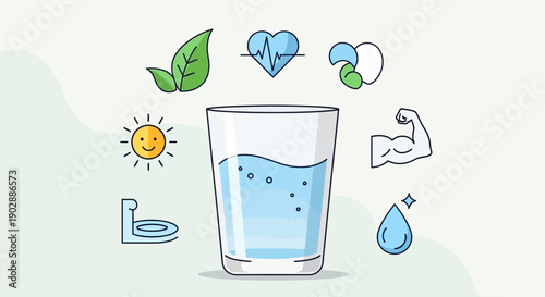 A clear glass of water with hydration symbols surrounding it, conveying health and wellness.