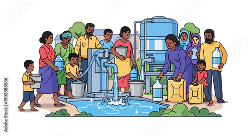 Community gathering at a water pump, people fetching water, children playing, illustration
