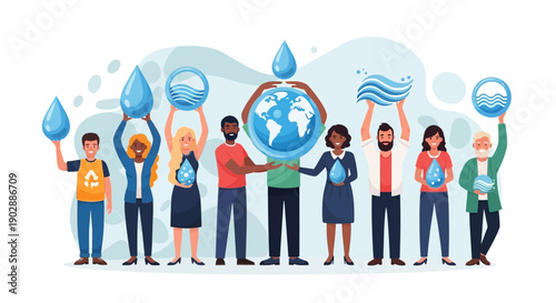 Diverse group of people holding water droplets and earth symbol together