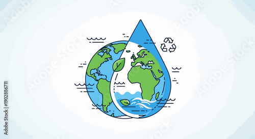 A stylized illustration of the Earth with water droplets on a white background, symbolizing conservation