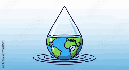A cartoon earth submerged in a drop of water surrounded by ripples on a blue gradient background