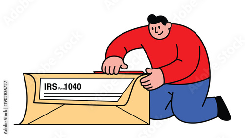 Person Filing Tax Return. Cartoon Man Placing Document into IRS 1040 Envelope. Finance & Income Tax Season.